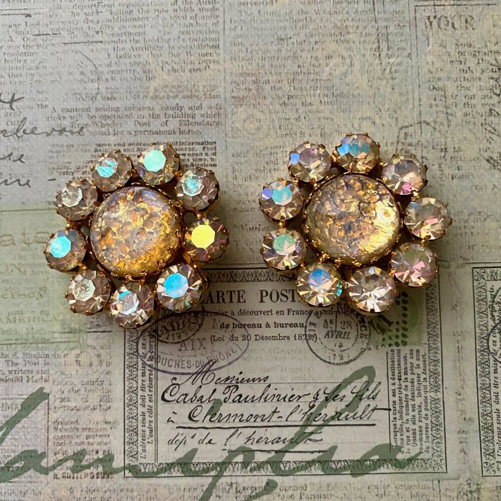 Vintage Dragon's Breath Opal Cab and AB Rhinestone Clip On Earrings